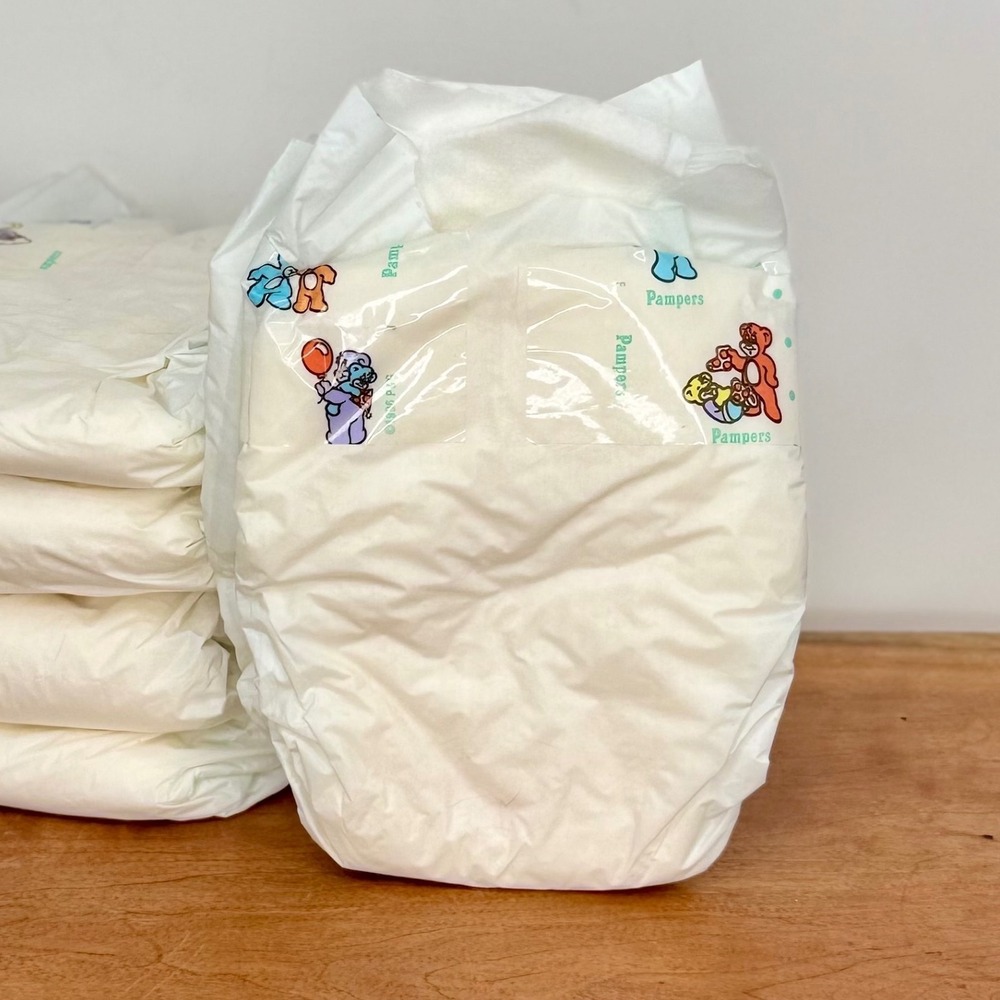 Vintage 1996 Pampers Newborn Diapers Plastic Backed Tape Flap Bear Graphics Rare